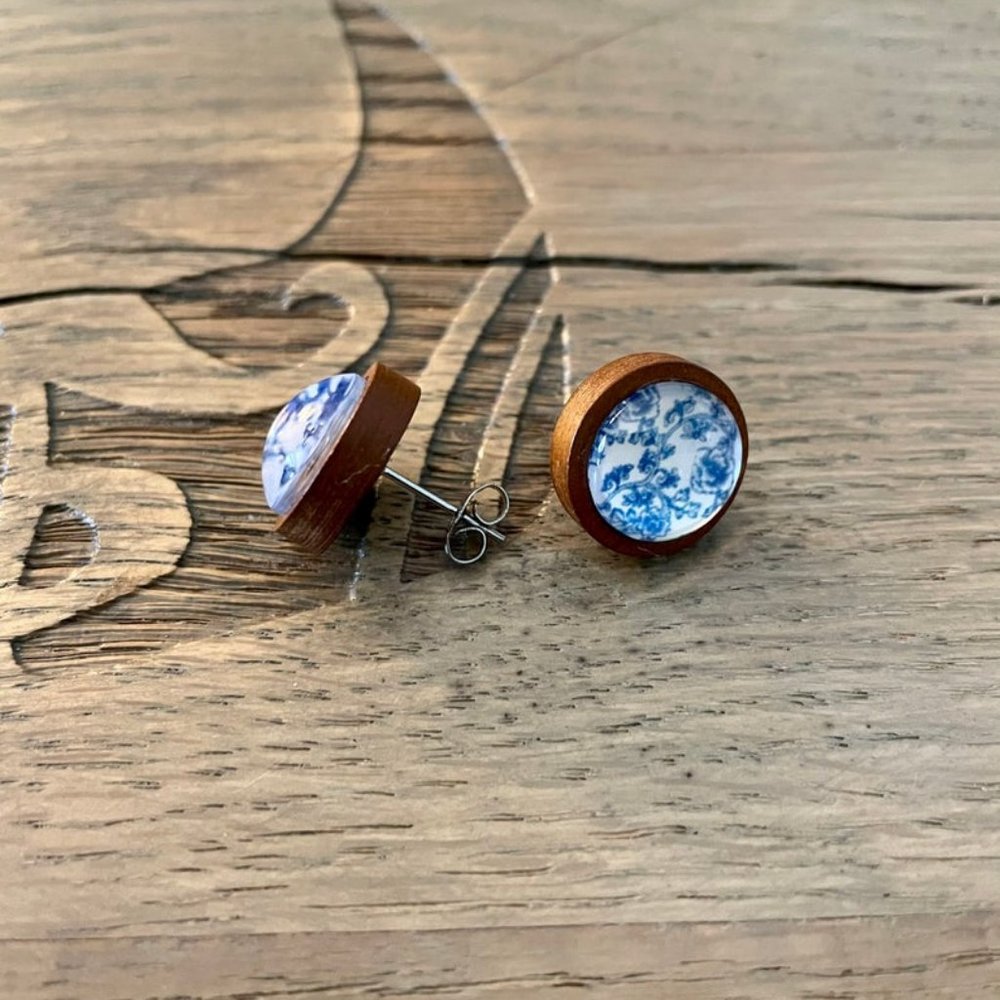 Blue & White Luminous Wood Base Earrings NEW